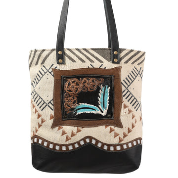 OHLAY KB386 TOTE Hand Tooled Upcycled Wool Canvas Genuine Leather women bag western handbag purse